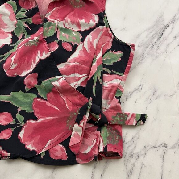 St Johns Bay Womens Vintage Y2k Wrap Crop Top Size L Black Pink Floral Tie Trim - Picture 3 of 9